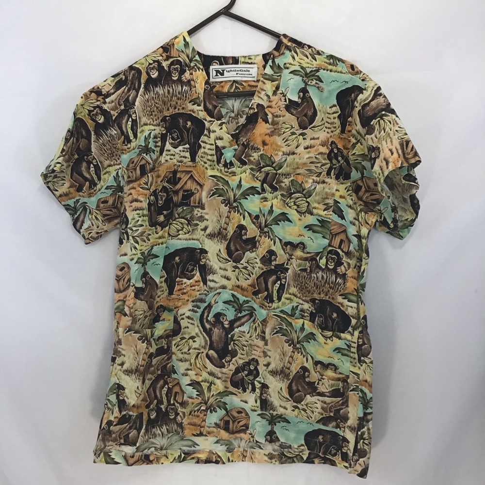 Nightingale Fashions Monkey Ape Primate Zoo Jungle Animal Print Scrub‎ Top Small